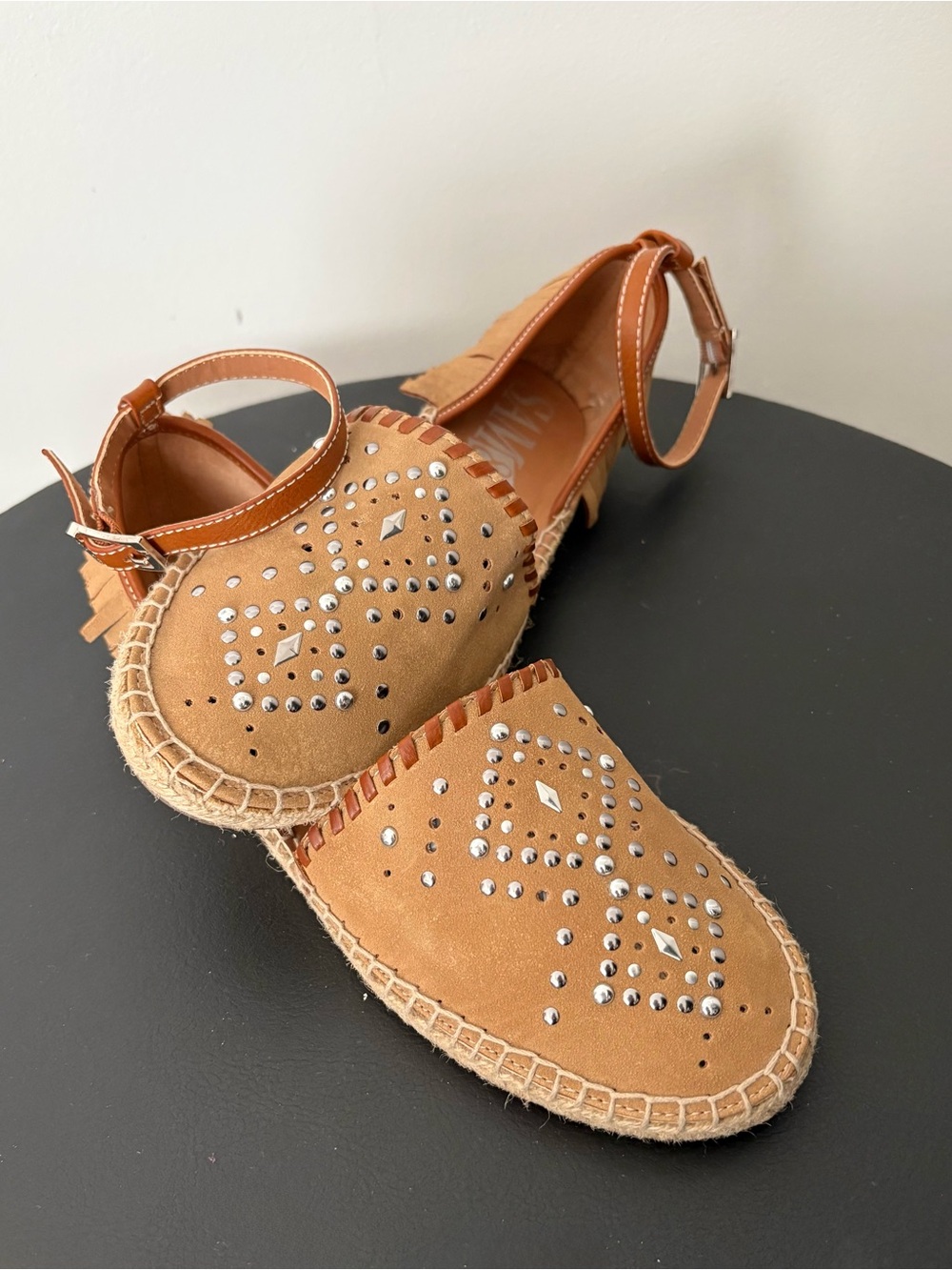 Sam & Libby Studded Tan Espadrille Flats with Ankle Strap - Women Sz 8